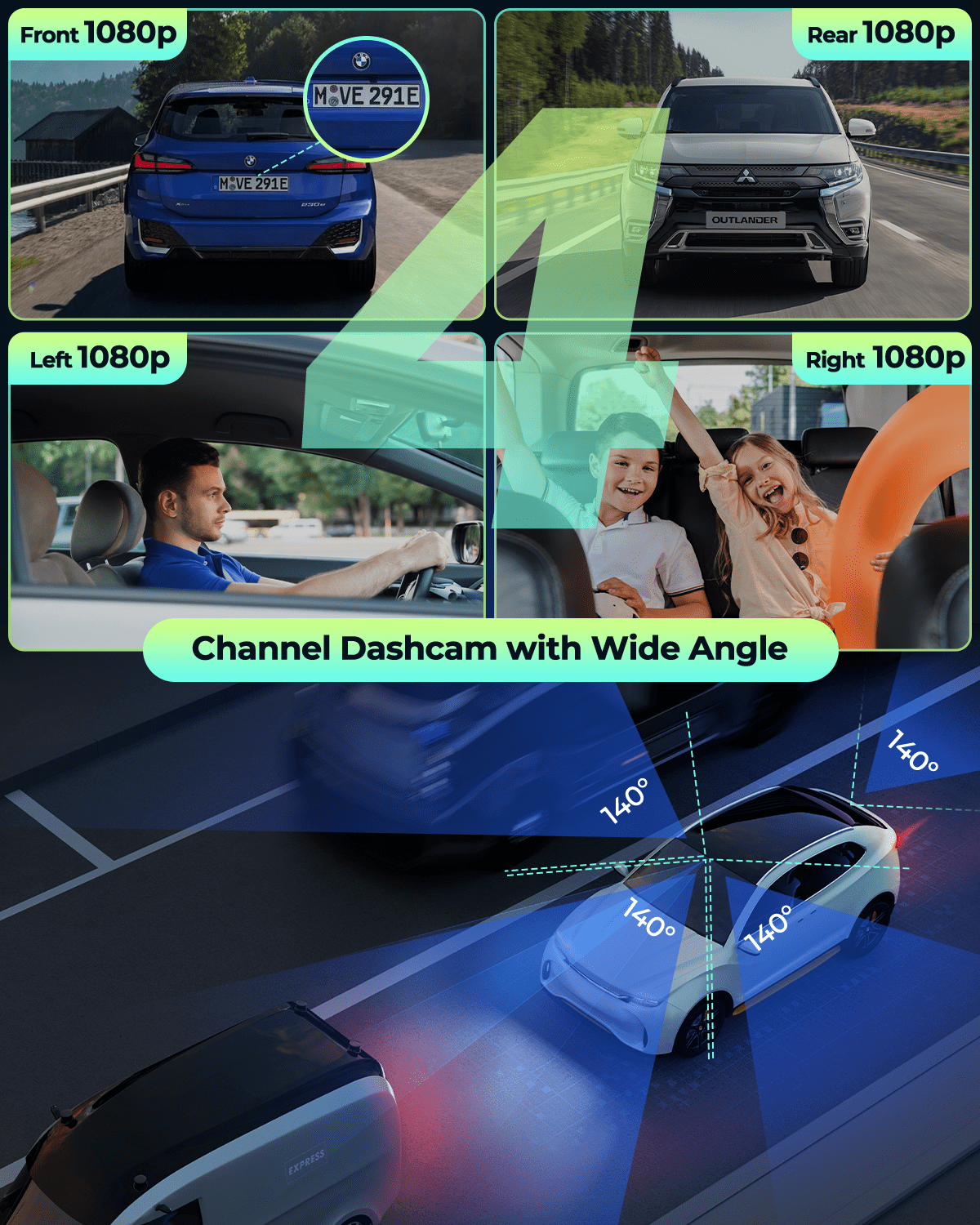 360 Degree View 4 Channel Dash Cam Front and Rear inside Left Right, Dash Camera for Cars, Night Vision, 24/7 Recording Parking Mode Monitor, G-Sensor, Free 128G Card